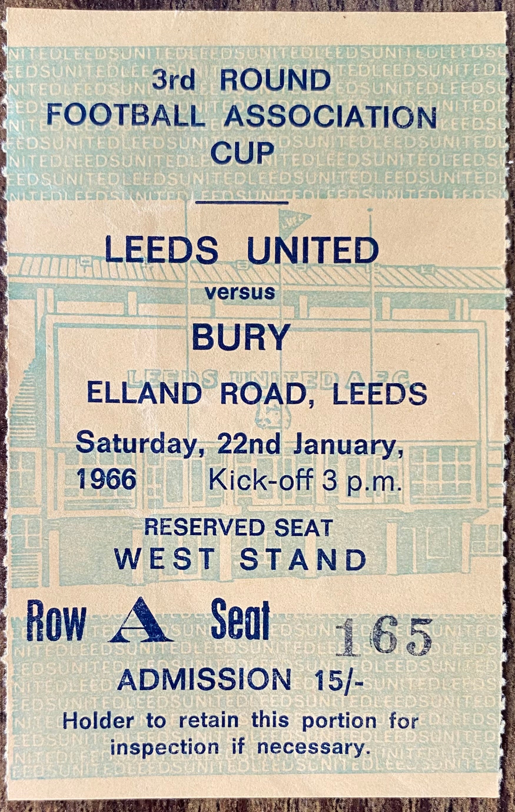 1965/66 ORIGINAL FA CUP 3RD ROUND TICKET LEEDS UNITED V BURY