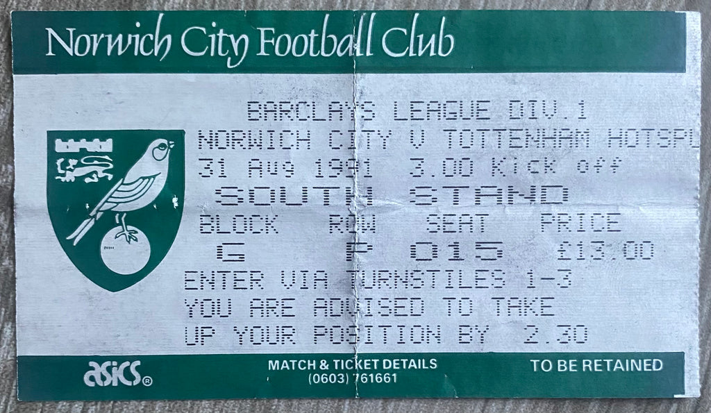1991/92 ORIGINAL DIVISION ONE TICKET NORWICH CITY V TOTTENHAM HOTSPUR