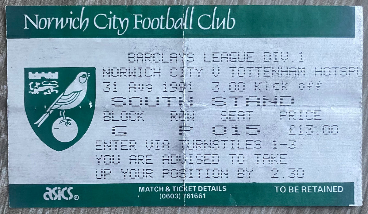 1991/92 ORIGINAL DIVISION ONE TICKET NORWICH CITY V TOTTENHAM HOTSPUR