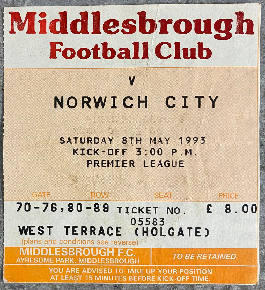 1992/93 ORIGINAL PREMIER LEAGUE TICKET MIDDLESBROUGH V NORWICH CITY