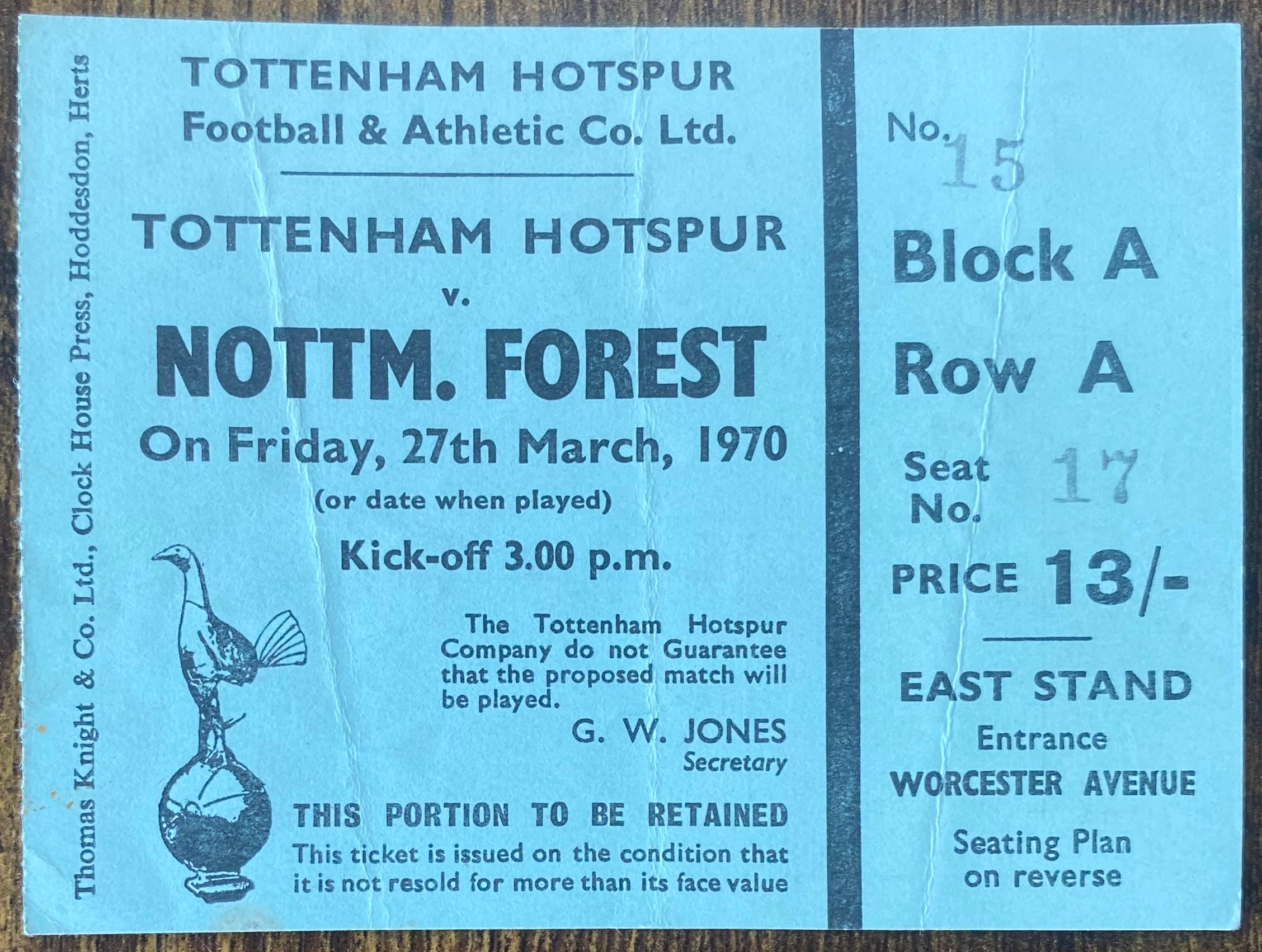 1969/70 ORIGINAL DIVISION ONE TICKET TOTTENHAM HOTSPUR V NOTTINGHAM FOREST