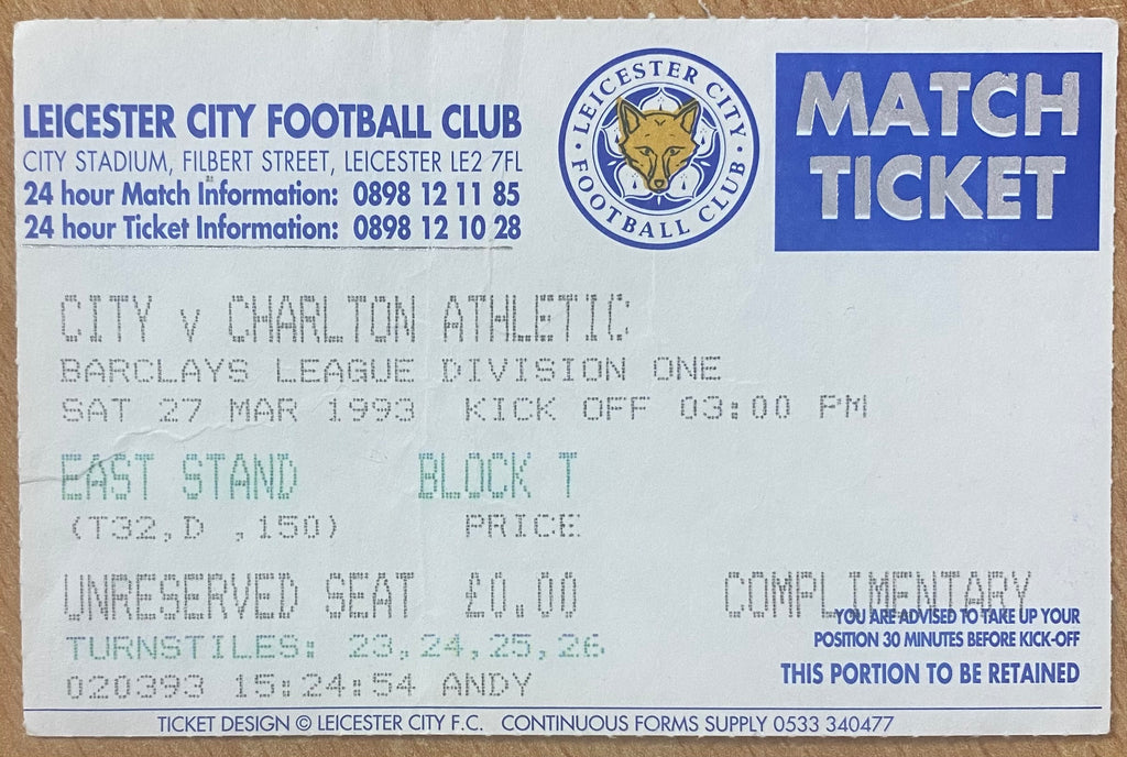 1992/93 ORIGINAL DIVISION 1 TICKET LEICESTER CITY V CHARLTON ATHLETIC