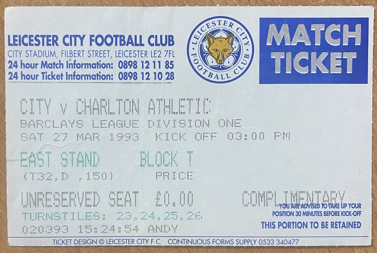 1992/93 ORIGINAL DIVISION 1 TICKET LEICESTER CITY V CHARLTON ATHLETIC