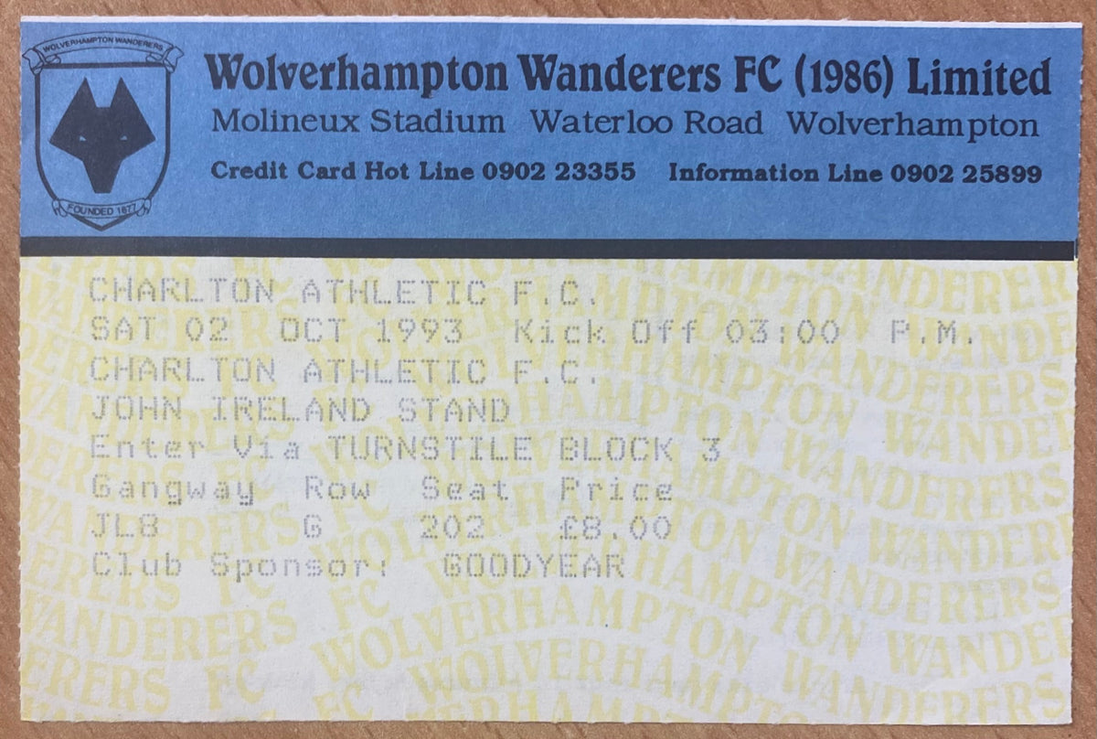 1993/94 ORIGINAL DIVISION 1 TICKET WOLVERHAMPTON WANDERERS V CHARLTON ATHLETIC