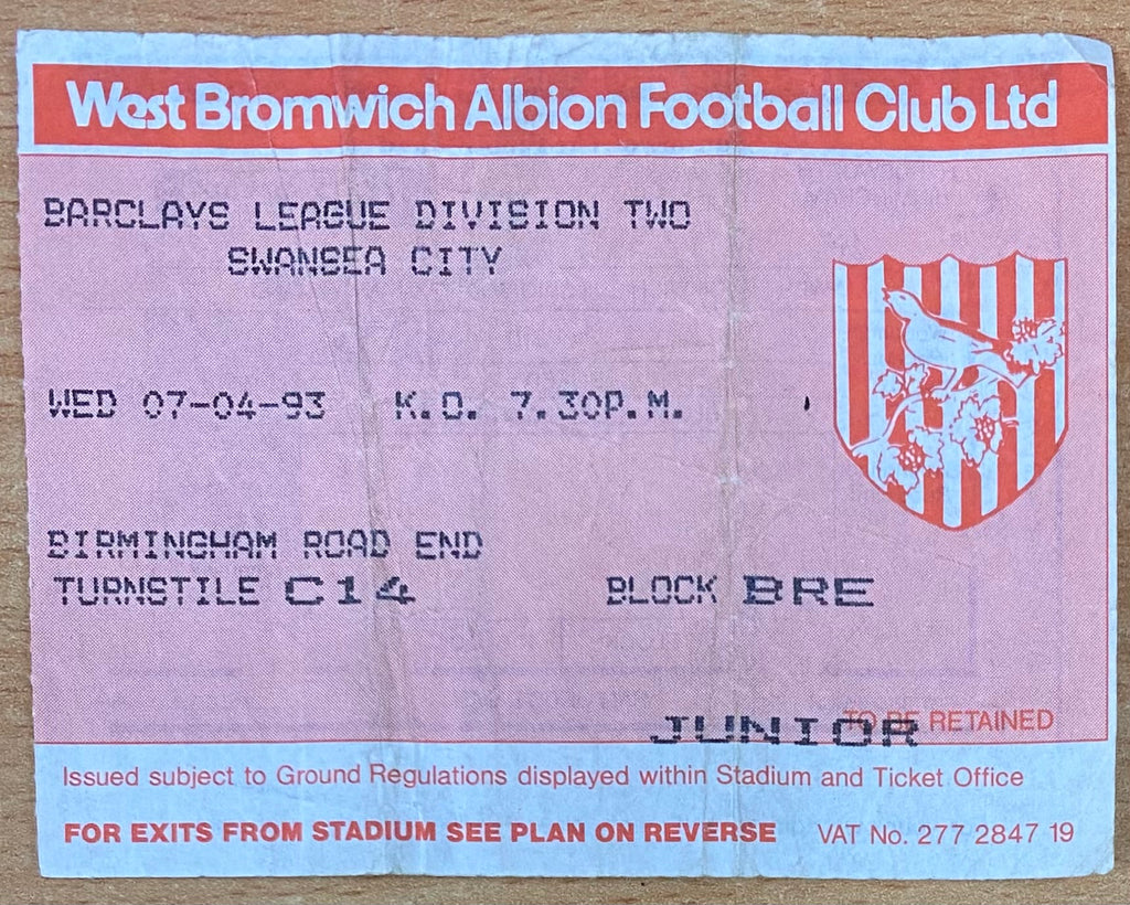 1992/93 ORIGINAL DIVISION 2 TICKET WEST BROMWICH ALBION V SWANSEA CITY