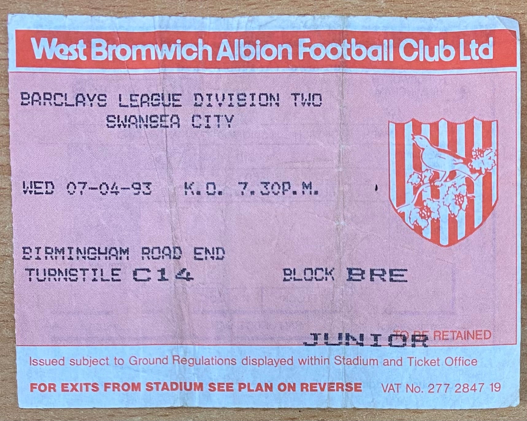 1992/93 ORIGINAL DIVISION 2 TICKET WEST BROMWICH ALBION V SWANSEA CITY
