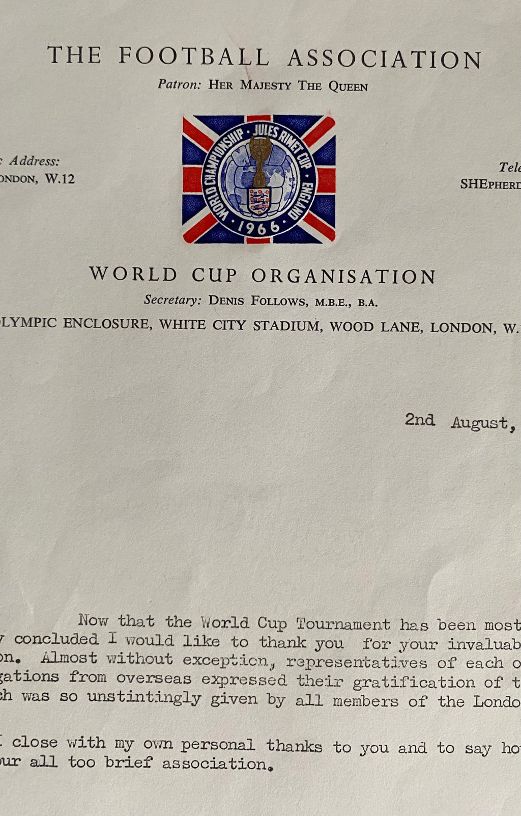 1966 WORLD CUP ORIGINAL OFFICIAL LETTER (THANKYOU LETTER) AUG 1966