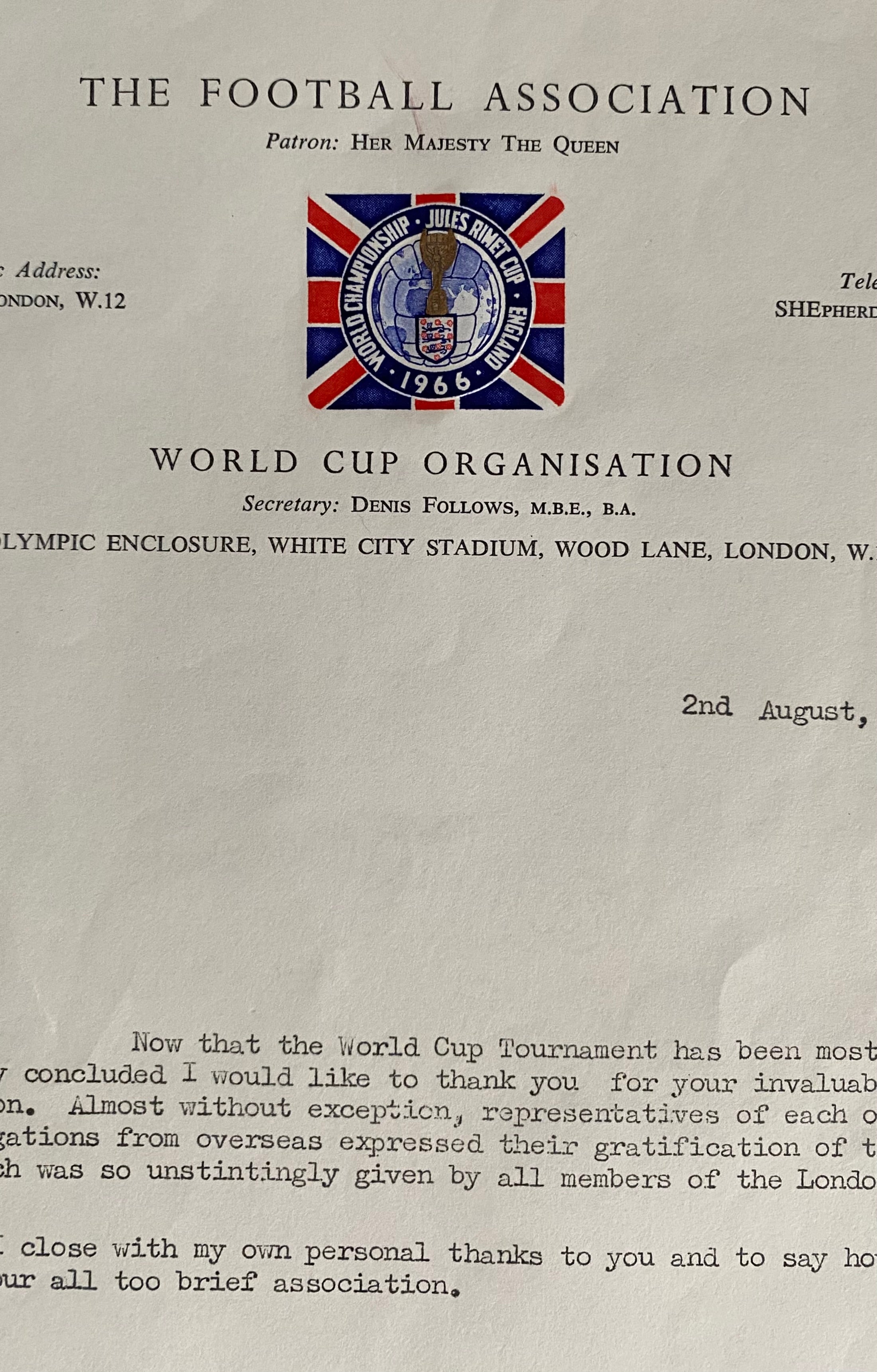 1966 WORLD CUP ORIGINAL OFFICIAL LETTER (THANKYOU LETTER) AUG 1966