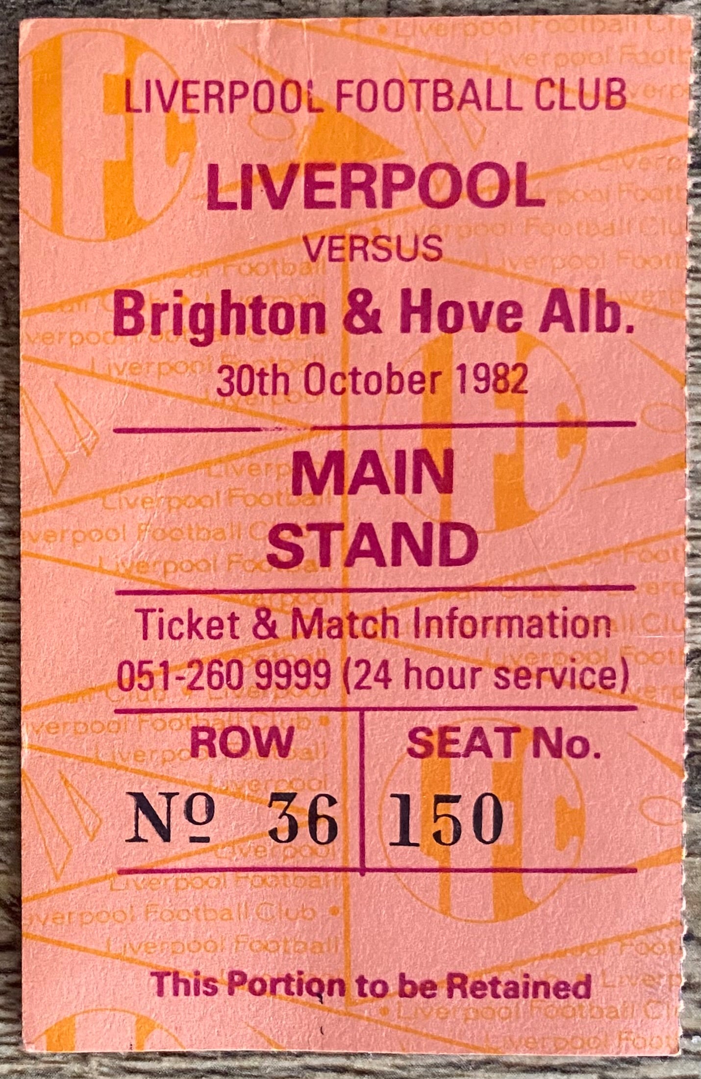 1982/83 ORIGINAL DIVISION ONE TICKET LIVERPOOL V BRIGHTON AND HOVE ALBION