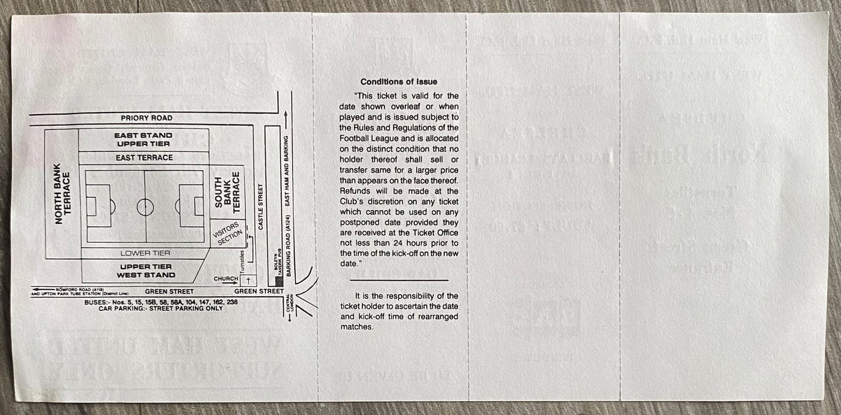 1991/92 ORIGINAL DIVISION 1  UNUSED TICKET WEST HAM UNITED V CHELSEA