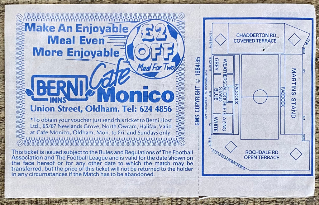 1986/87 ORIGINAL DIVISION 2 UNUSED TICKET OLDHAM ATHLETIC V BRADFORD CITY