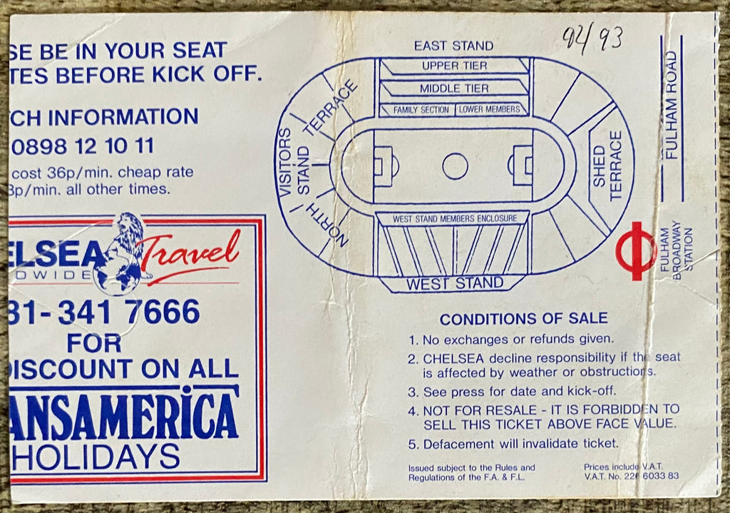 1992/93 ORIGINAL PREMIER LEAGUE TICKET CHELSEA V MIDDLESBROUGH