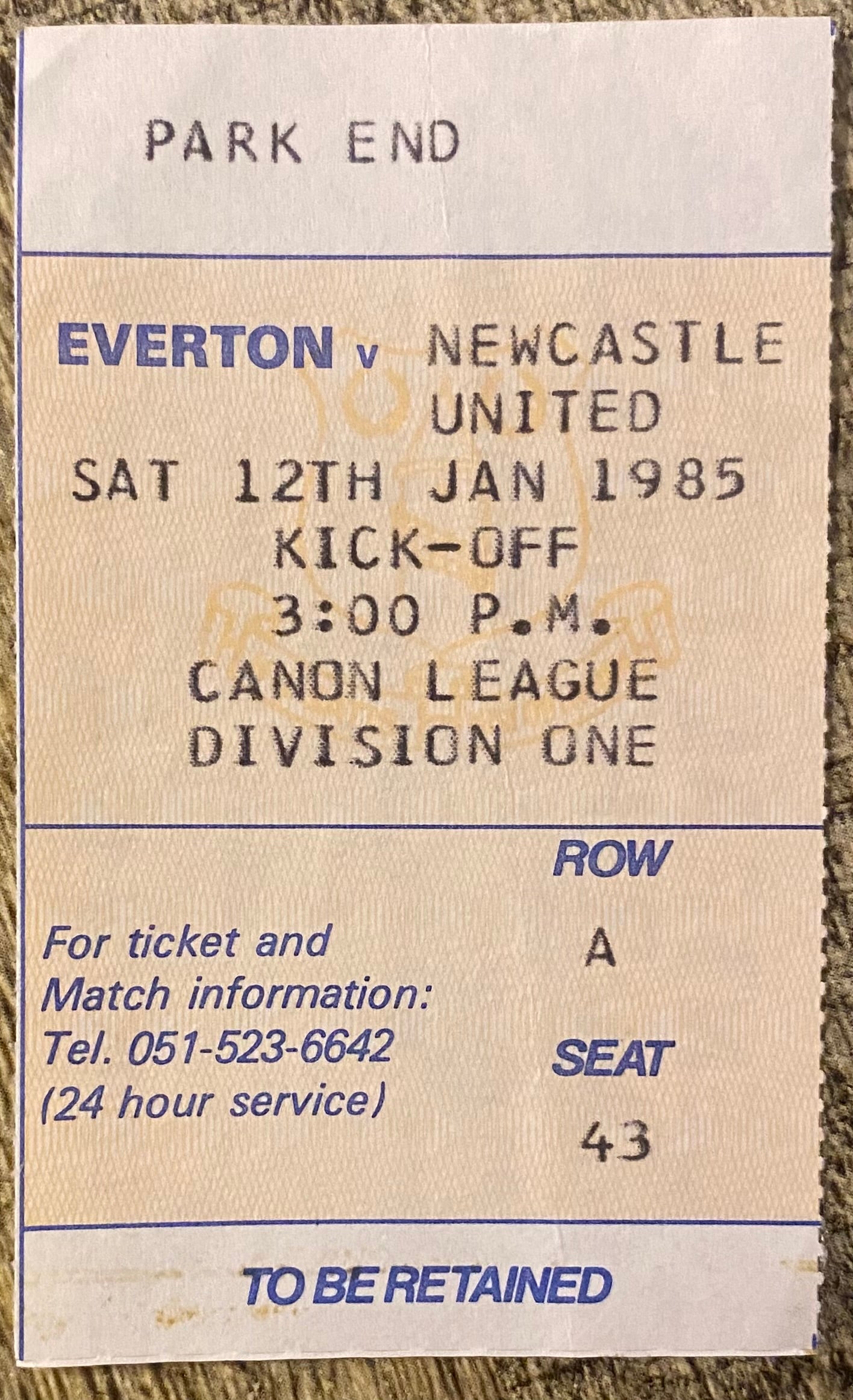 1984/85 ORIGINAL DIVISION ONE TICKET EVERTON V NEWCASTLE UNITED