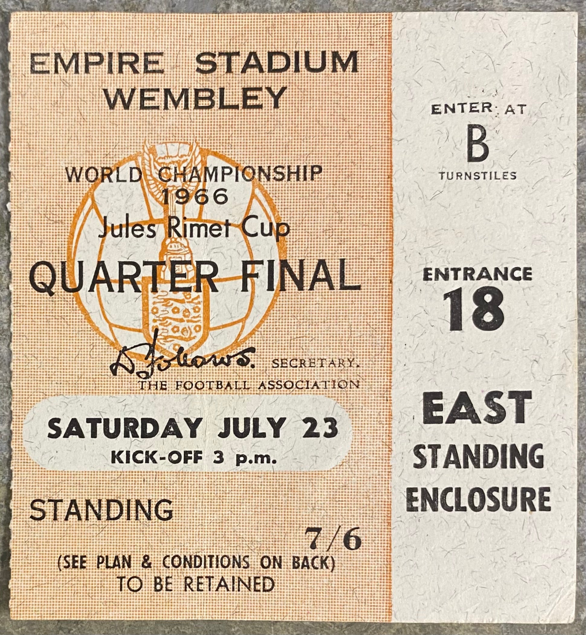 1966 ORIGINAL WORLD CUP QUARTER FINAL TICKET ENGLAND V ARGENTINA @ WEMBLEY