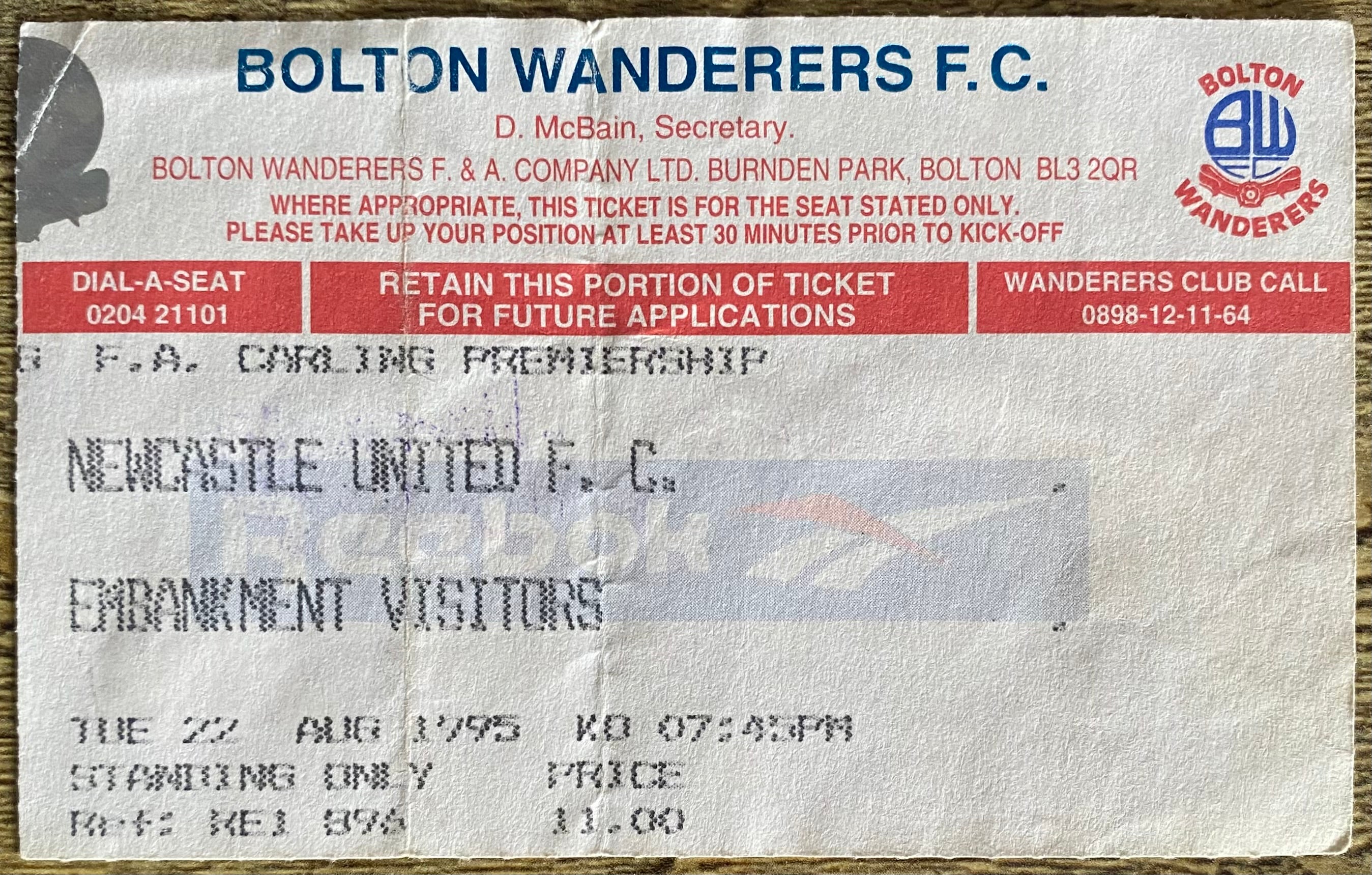 1995/96 ORIGINAL FA PREMIERSHIP TICKET BOLTON WANDERERS V NEWCASTLE UNITED