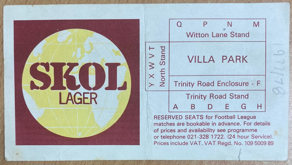 1977/78 ORIGINAL DIVISION 1 TICKET ASTON VILLA V BRISTOL CITY