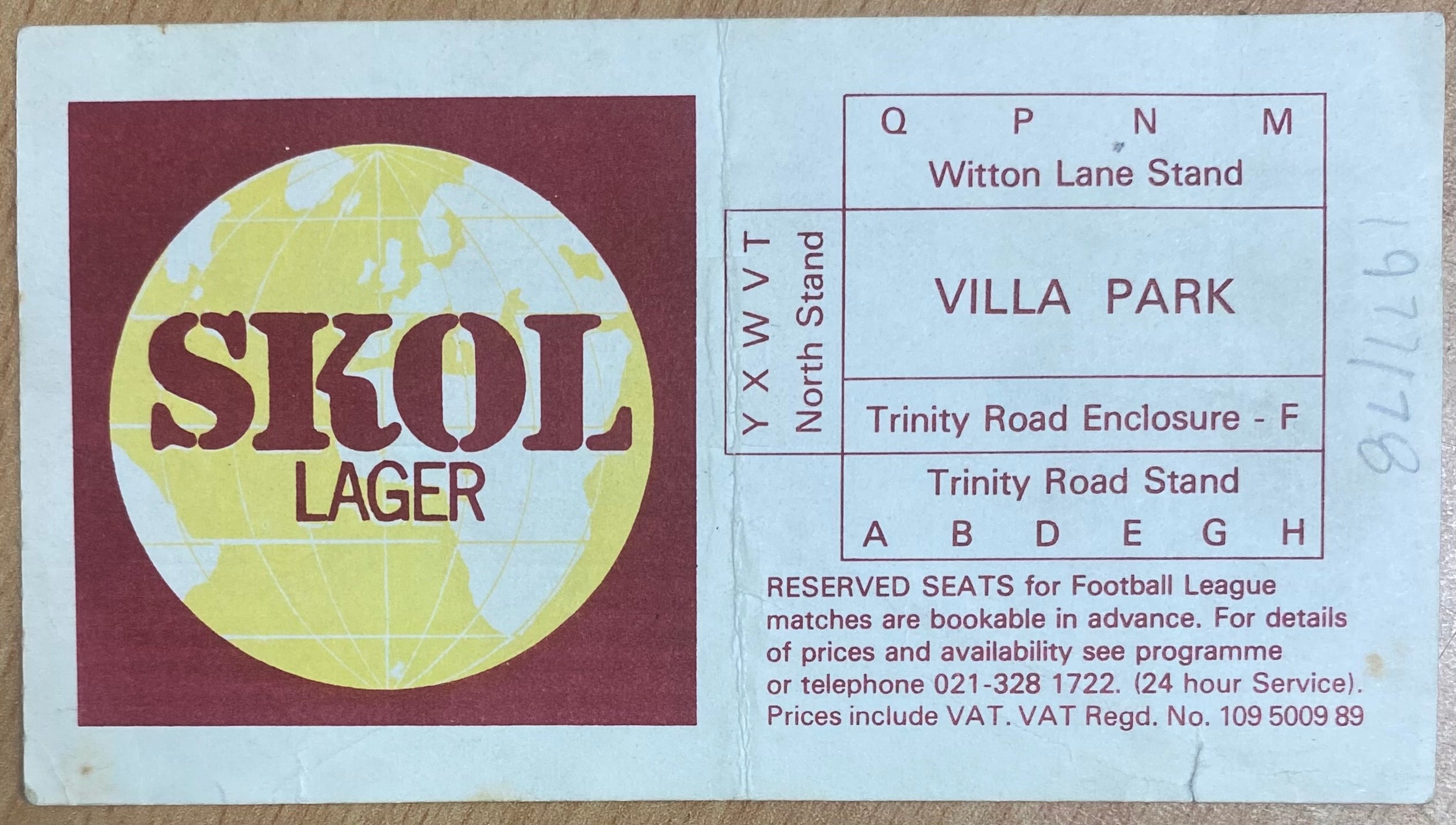 1977/78 ORIGINAL DIVISION 1 TICKET ASTON VILLA V BRISTOL CITY