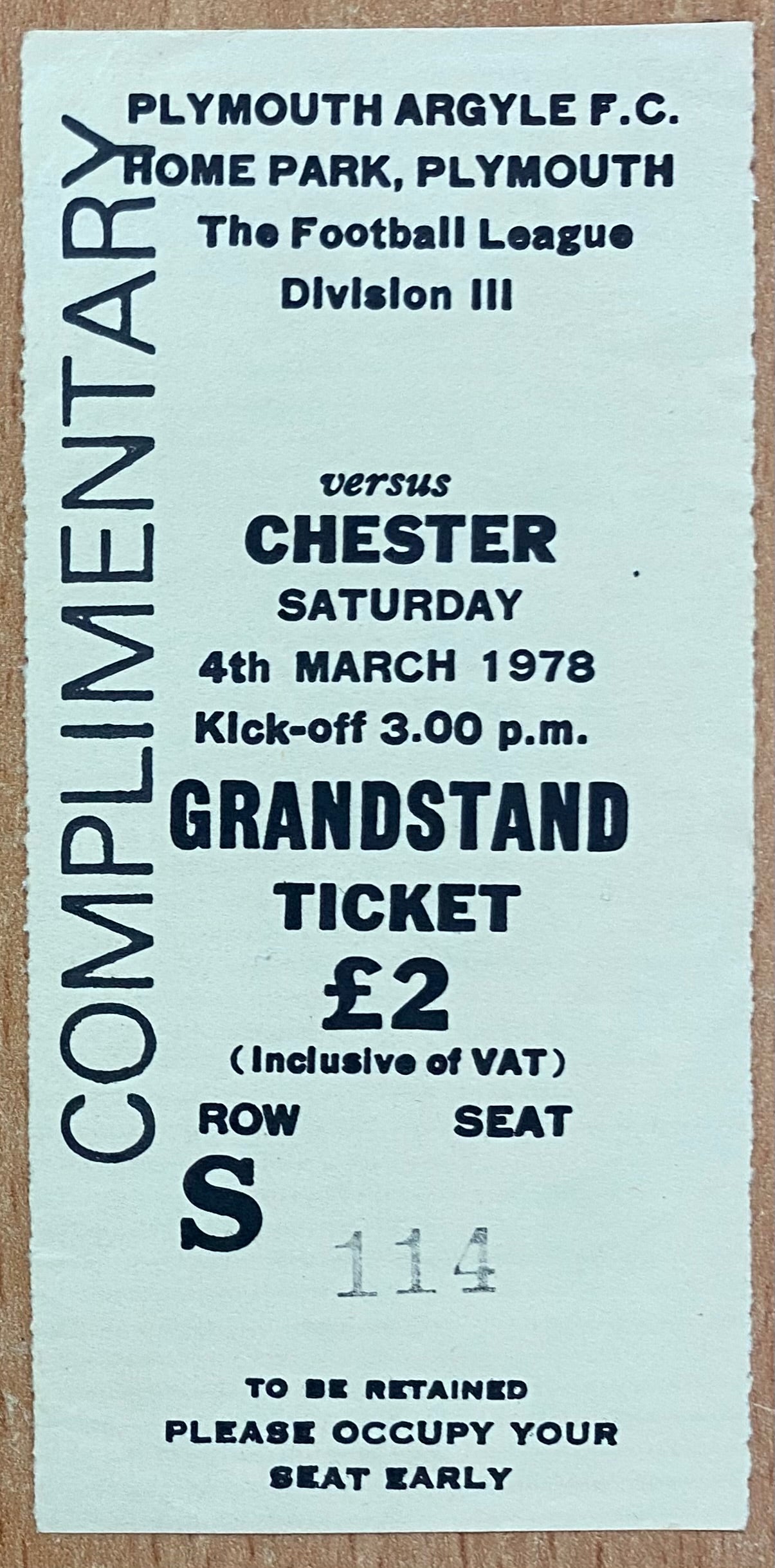 1977/78  ORIGINAL DIVISION 3 TICKET PLYMOUTH ARGYLE V CHESTER CITY