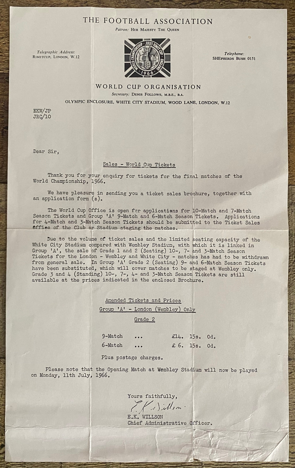 1966 WORLD CUP ORIGINAL OFFICIAL LETTER (TICKET SALES ENQUIRY) JULY 1965