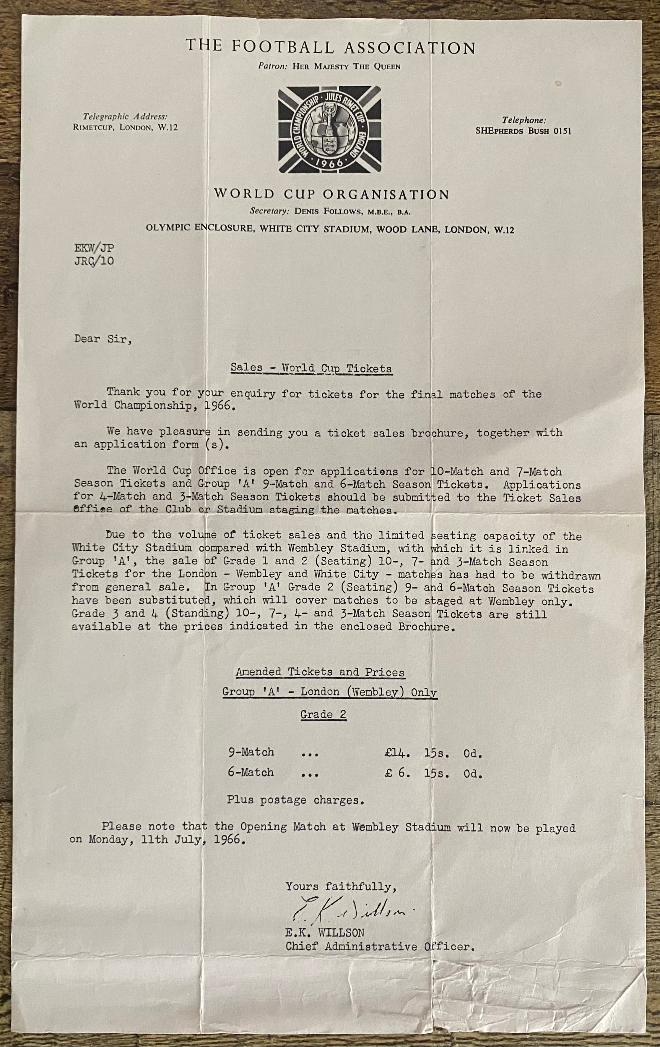1966 WORLD CUP ORIGINAL OFFICIAL LETTER (TICKET SALES ENQUIRY) JULY 1965