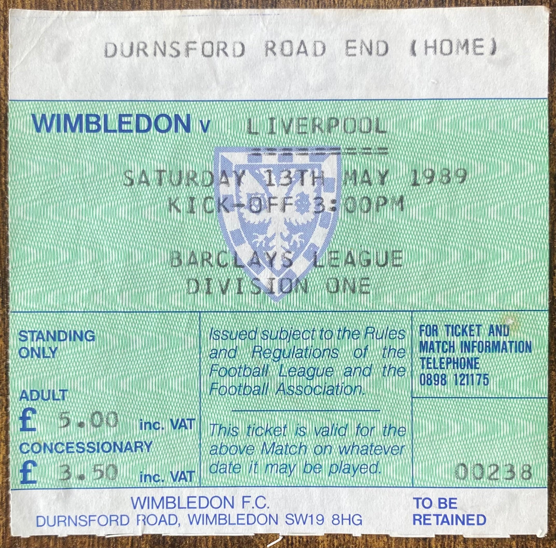 1988/89 ORIGINAL DIVISION ONE TICKET WIMBLEDON V LIVERPOOL