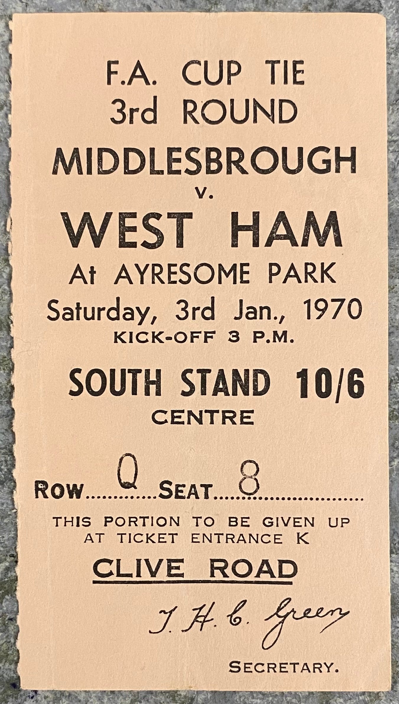1969/70 ORIGINAL FA CUP 3RD ROUND TICKET MIDDLESBROUGH V WEST HAM UNITED