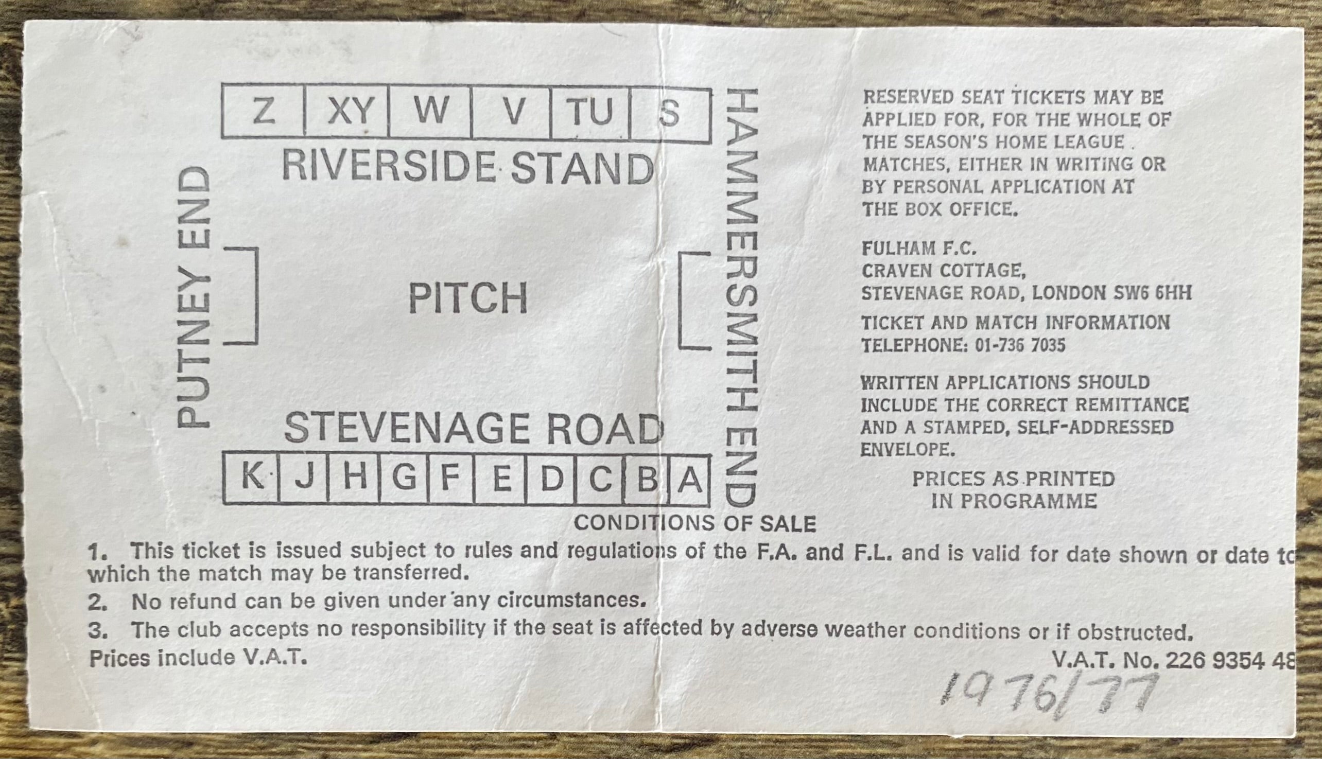 1976/77 ORIGINAL DIVISION 2 TICKET FULHAM V CHELSEA