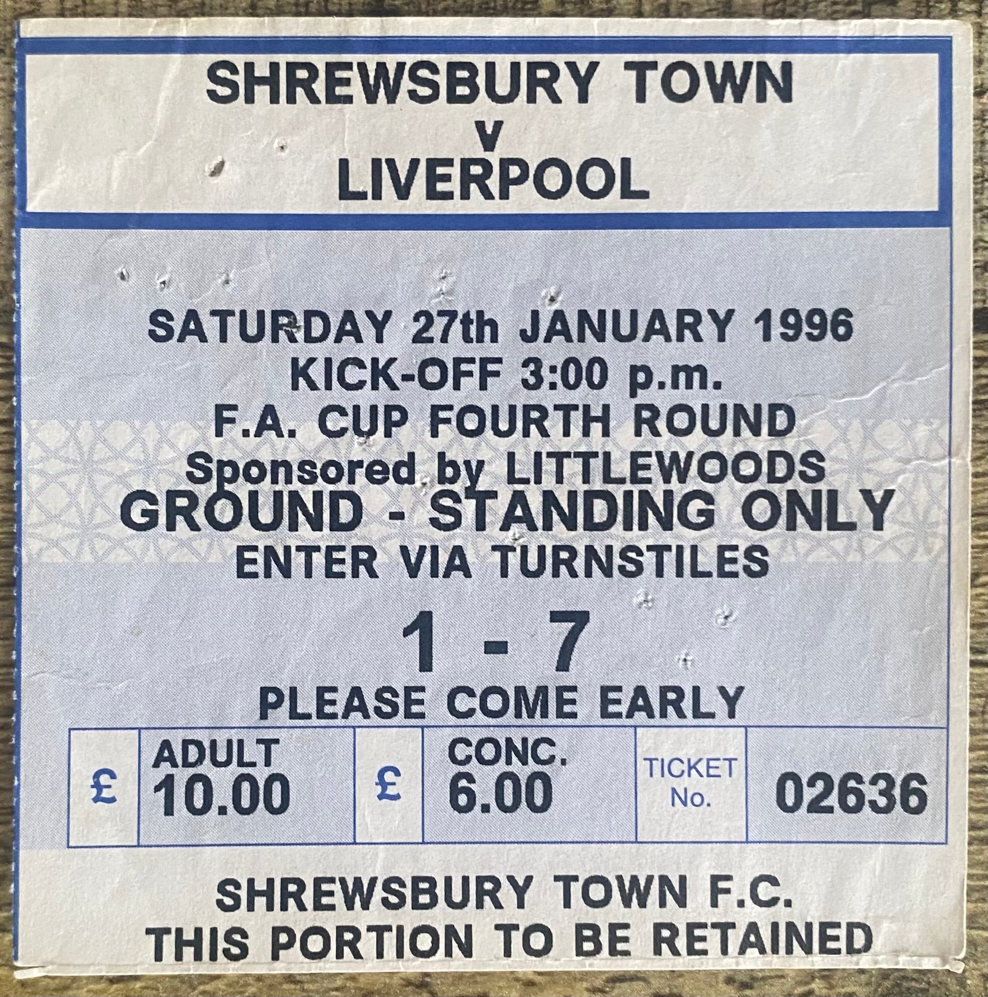 1995/96 ORIGINAL FA CUP 4TH ROUND TICKET SHREWSBURY V LIVERPOOL