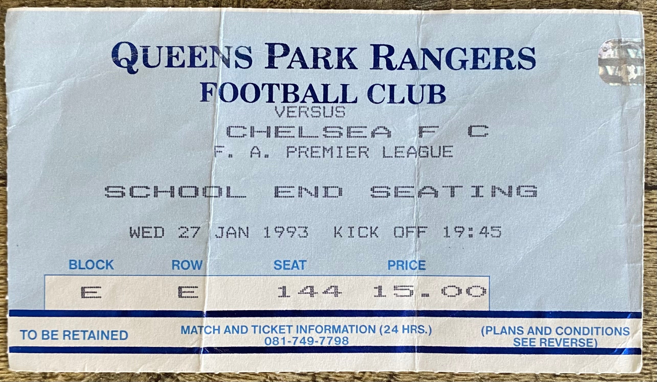 1992/93 ORIGINAL PREMIER LEAGUE TICKET QUEENS PARK RANGERS V CHELSEA