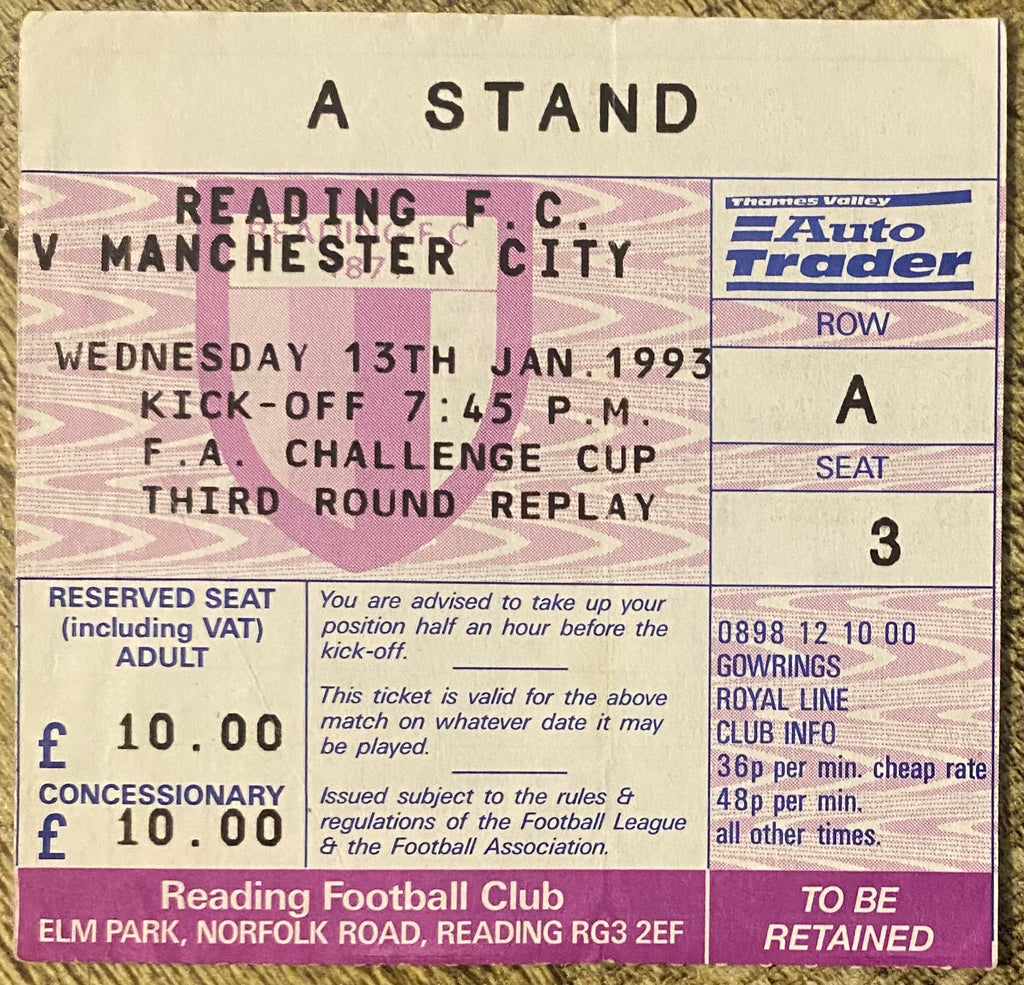 1992/93 ORIGINAL FA CUP 3RD ROUND REPLAY TICKET READING V MANCHESTER CITY
