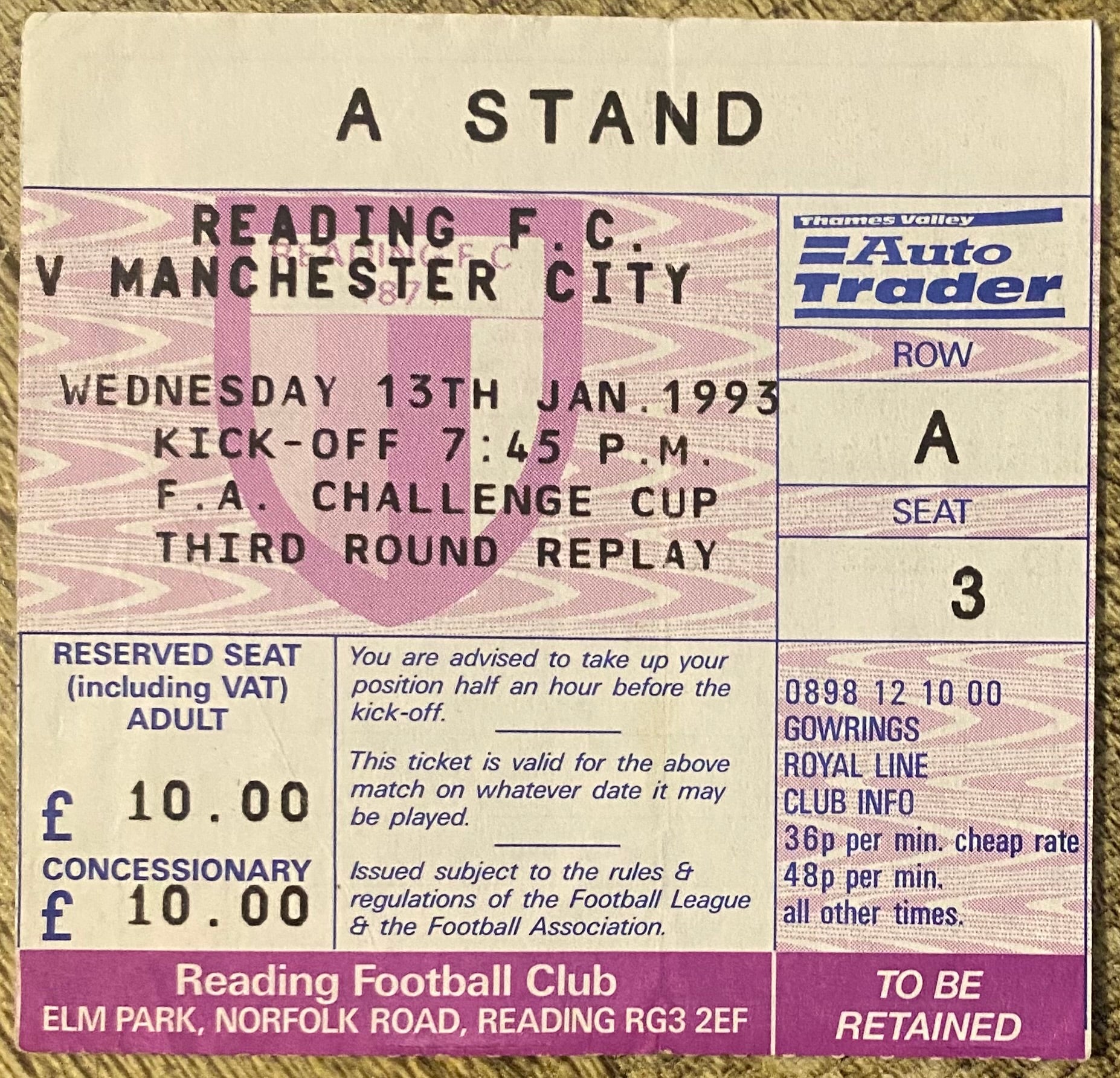 1992/93 ORIGINAL FA CUP 3RD ROUND REPLAY TICKET READING V MANCHESTER CITY