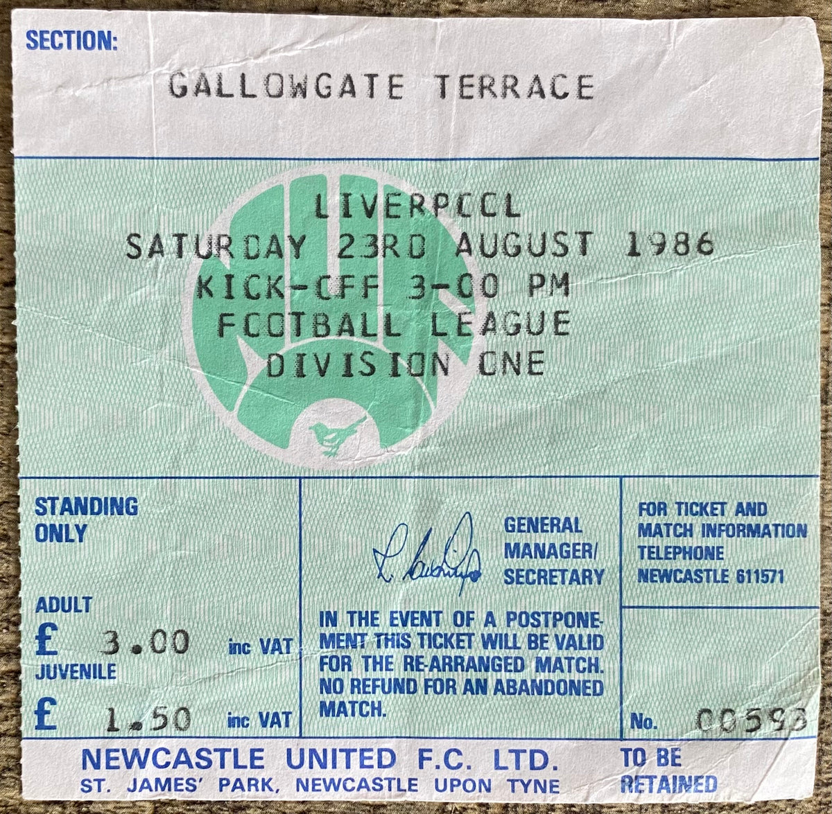 1986/87 ORIGINAL DIVISION ONE TICKET NEWCASTLE UNITED V LIVERPOOL