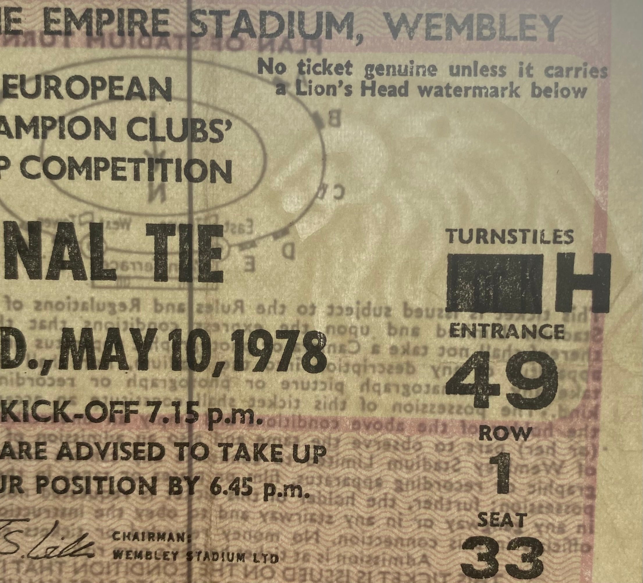 1978 ORIGINAL EUROPEAN CUP FINAL TICKET LIVERPOOL V FC BRUGES @ WEMBLEY