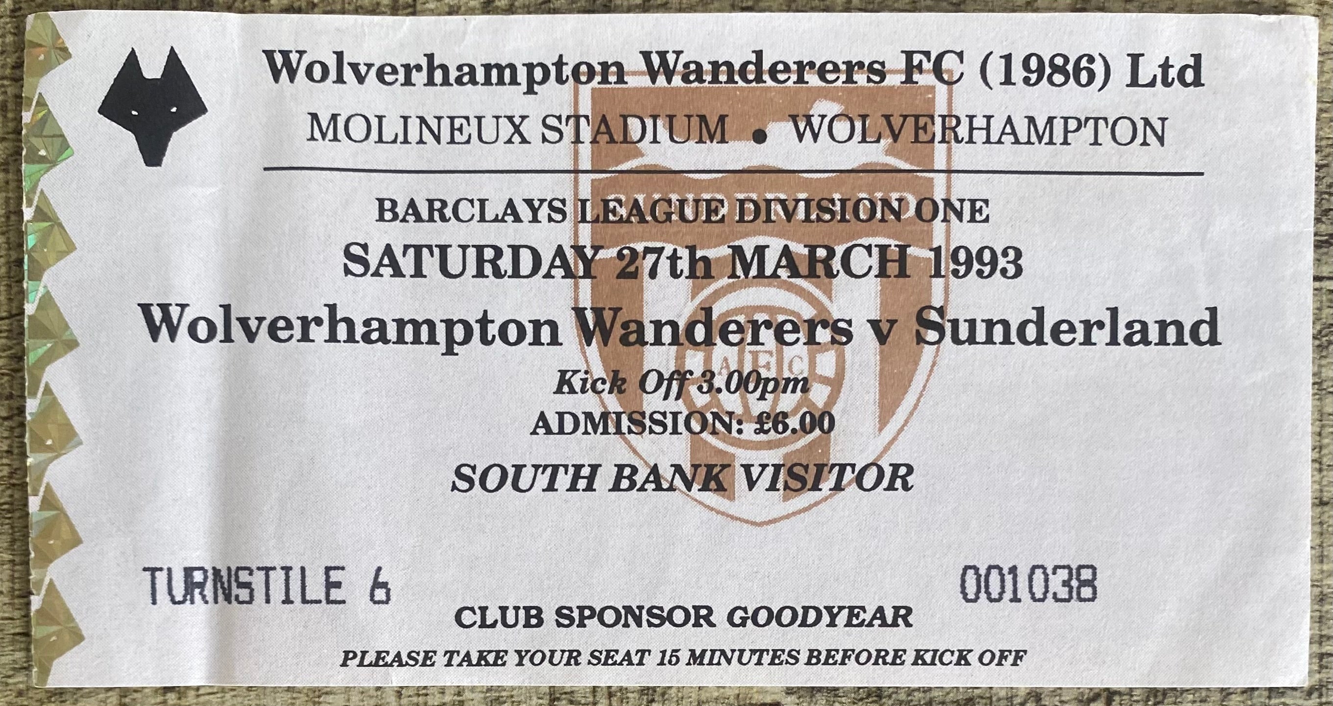 1992/93 ORIGINAL DIVISION 1 TICKET WOLVERHAMPTON WANDERERS V SUNDERLAND