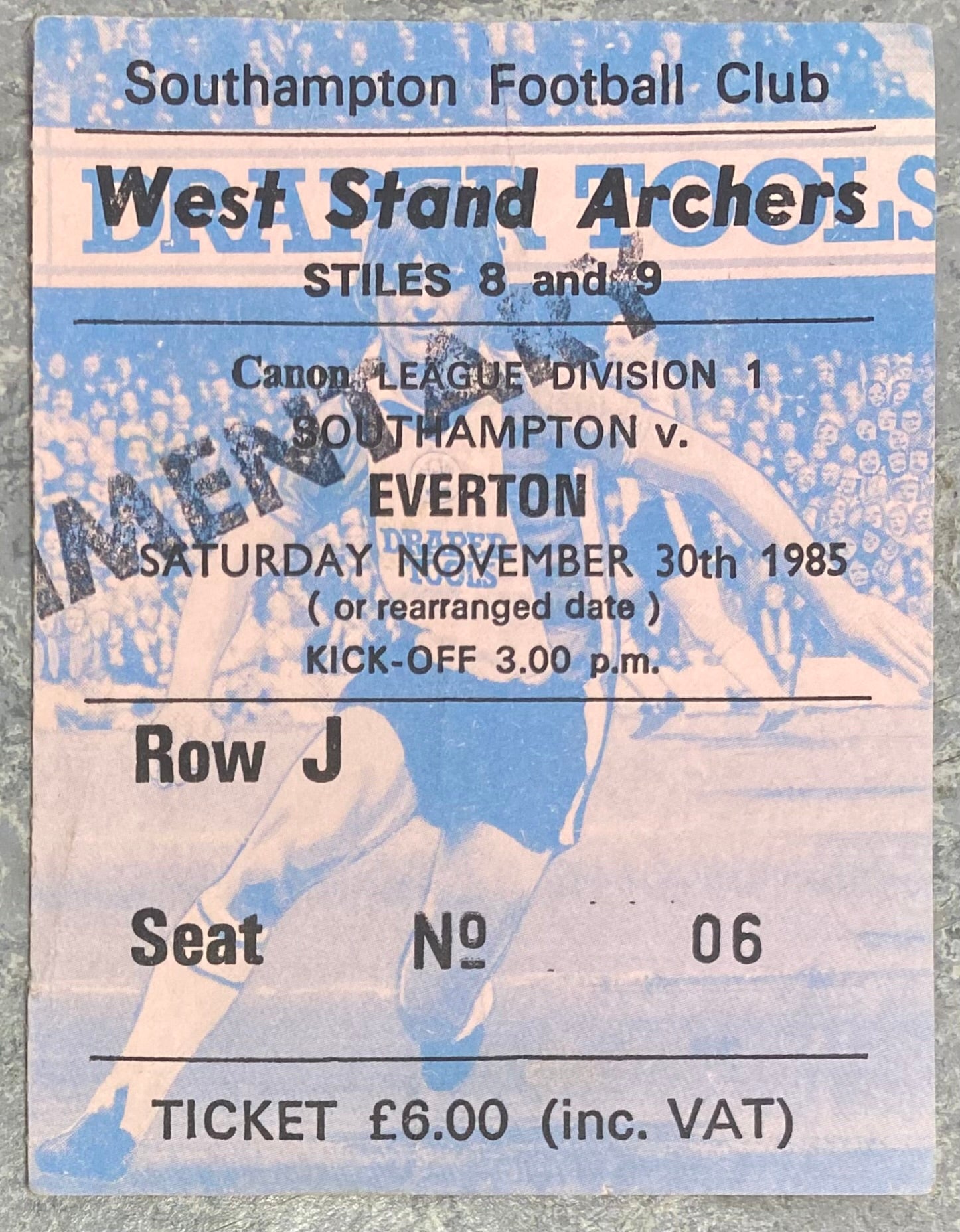 1985/86 ORIGINAL DIVISION ONE TICKET SOUTHAMPTON V EVERTON