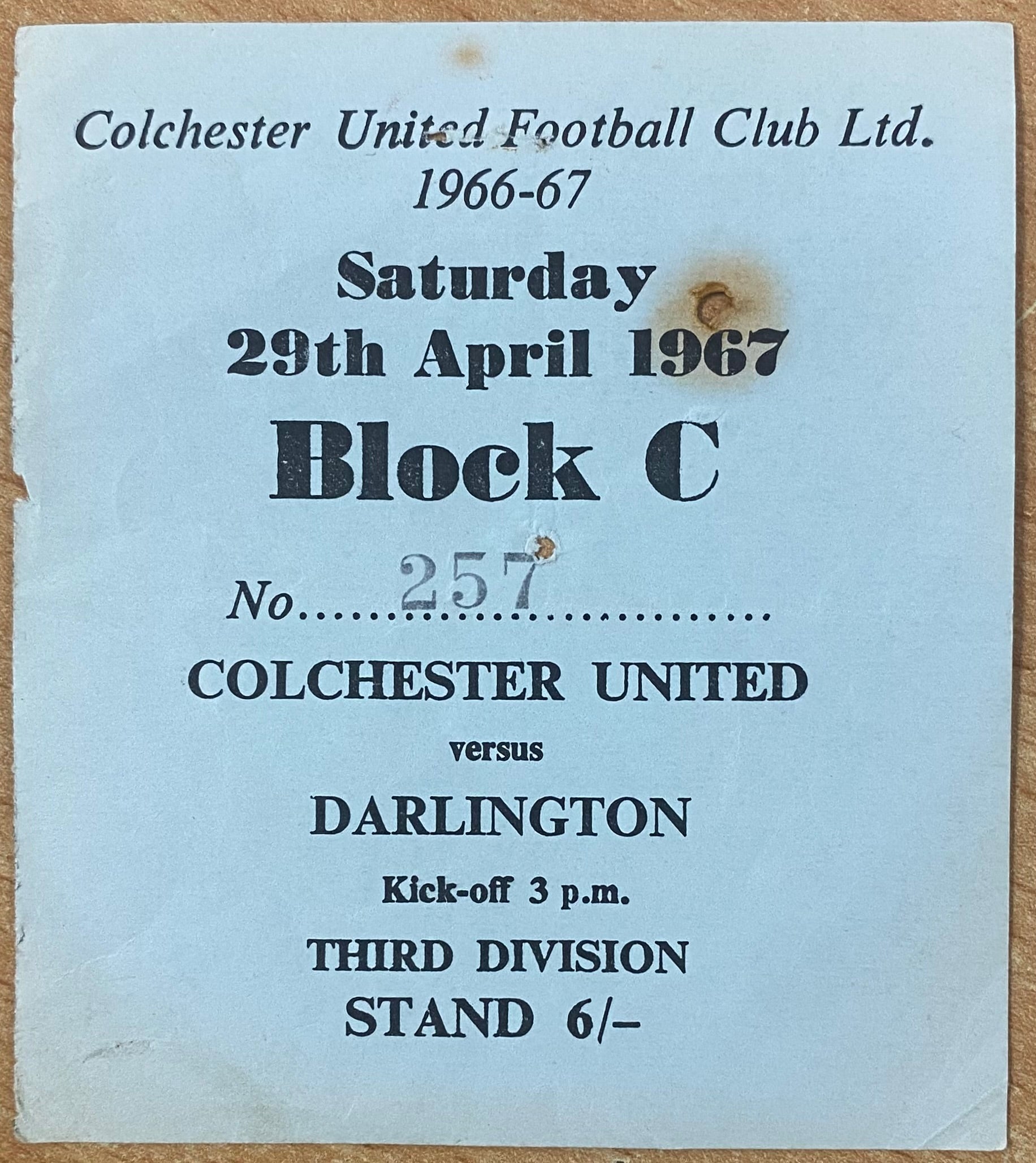 1966/67 ORIGINAL DIVISION 3 TICKET COLCHESTER UNITED V DARLINGTON