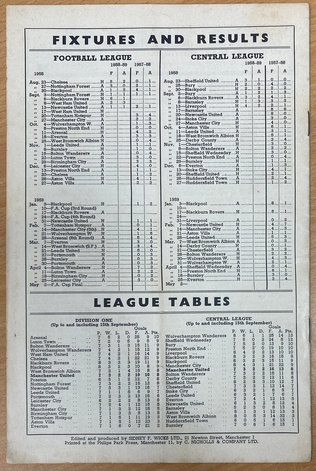 1958/59 ORIGINAL DIVISION ONE PROGRAMME MANCHESTER UNITED V WEST HAM UNITED