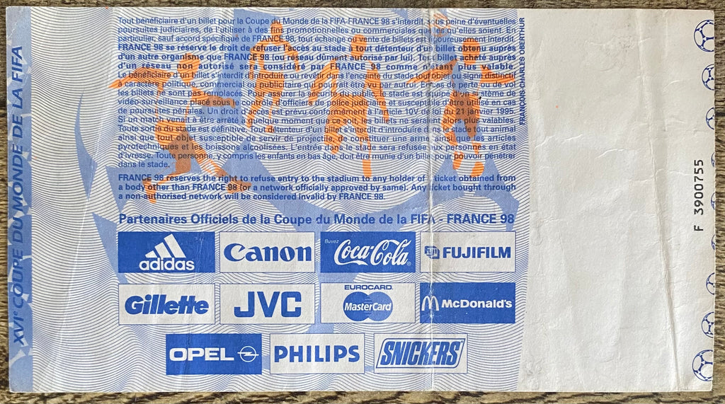 1998 ORIGINAL WORLD CUP 1ST ROUND TICKET ENGLAND V TUNISIA @ MARSEILLE