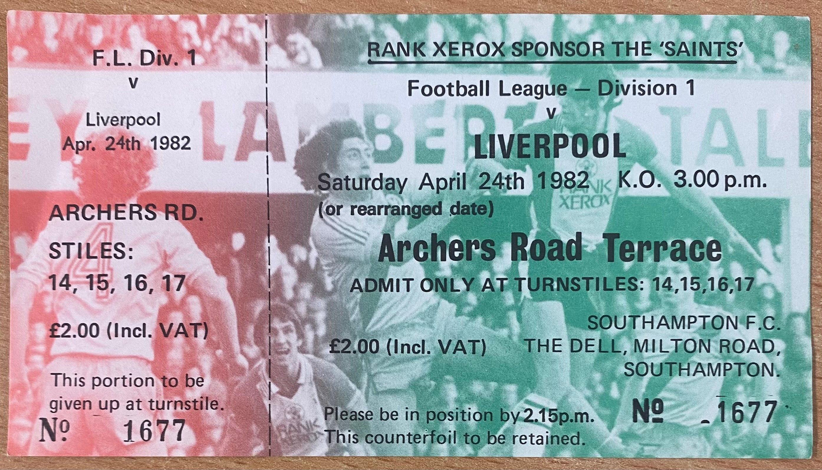 1981/82 ORIGINAL DIVISION ONE UNUSED TICKET SOUTHAMPTON V LIVERPOOL