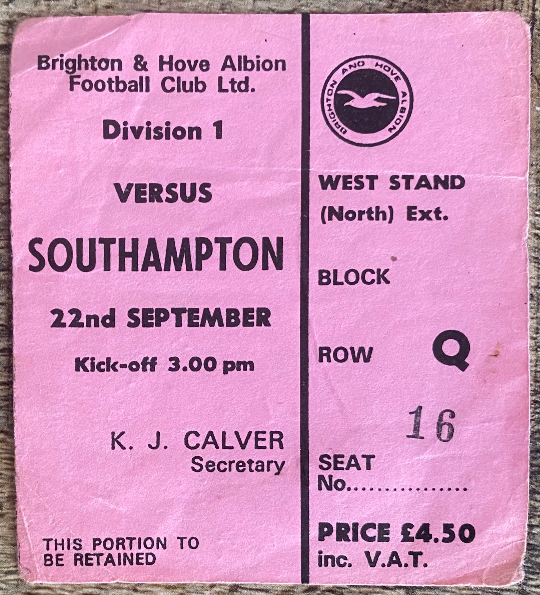 1979/80 ORIGINAL DIVISION 1 TICKET BRIGHTON AND HOVE ALBION V SOUTHAMPTON
