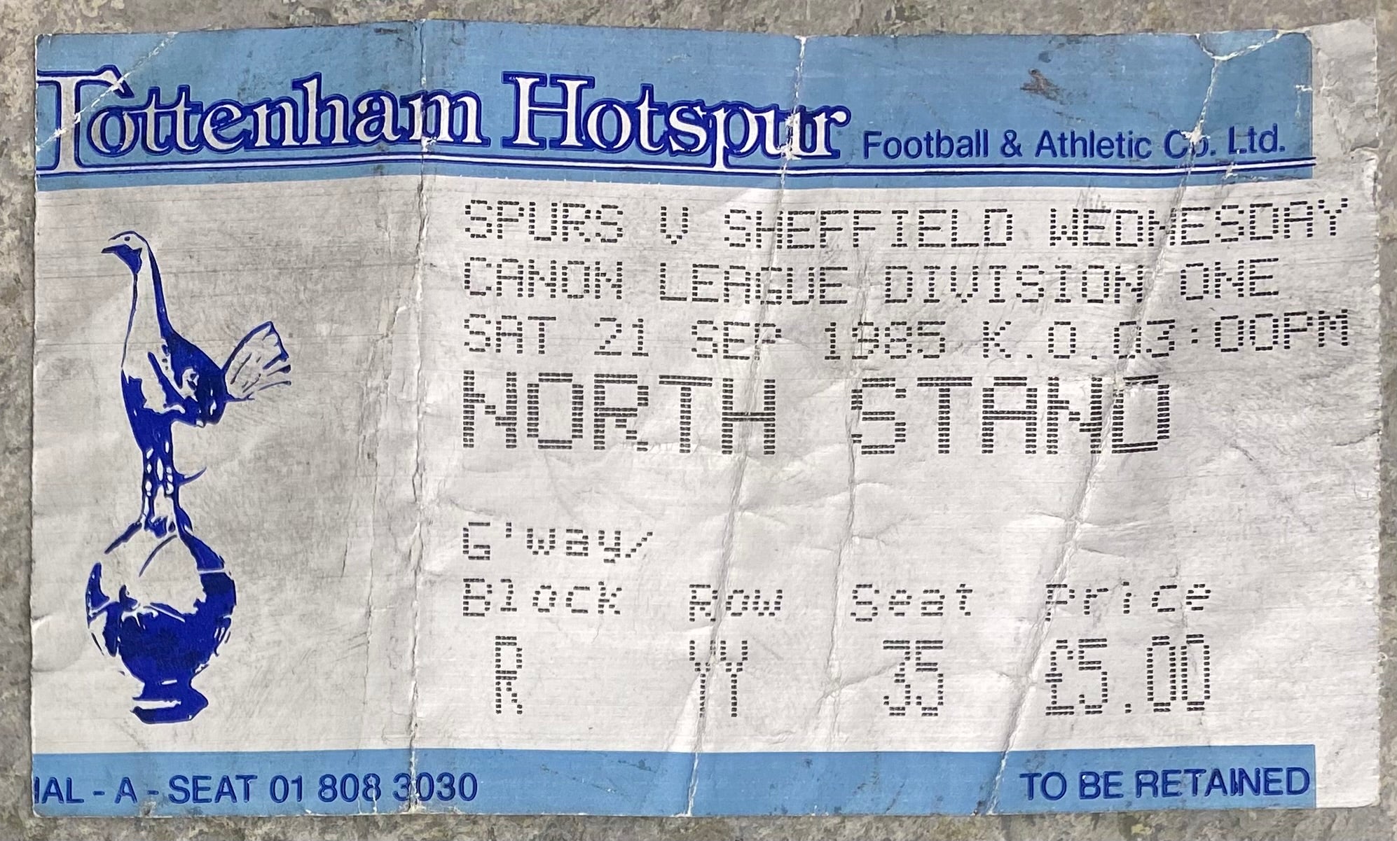 1985/86 ORIGINAL DIVISION ONE TICKET TOTTENHAM HOTSPUR V SHEFFIELD WEDNESDAY