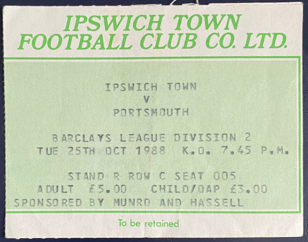 1988/89 ORIGINAL DIVISION 2 TICKET IPSWICH TOWN V PORTSMOUTH