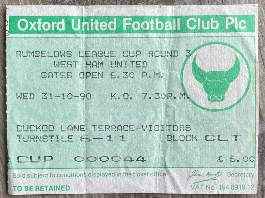 1990/91 ORIGINAL RUMBELOWS CUP 3RD ROUND TICKET OXFORD UNITED V WEST HAM UNITED