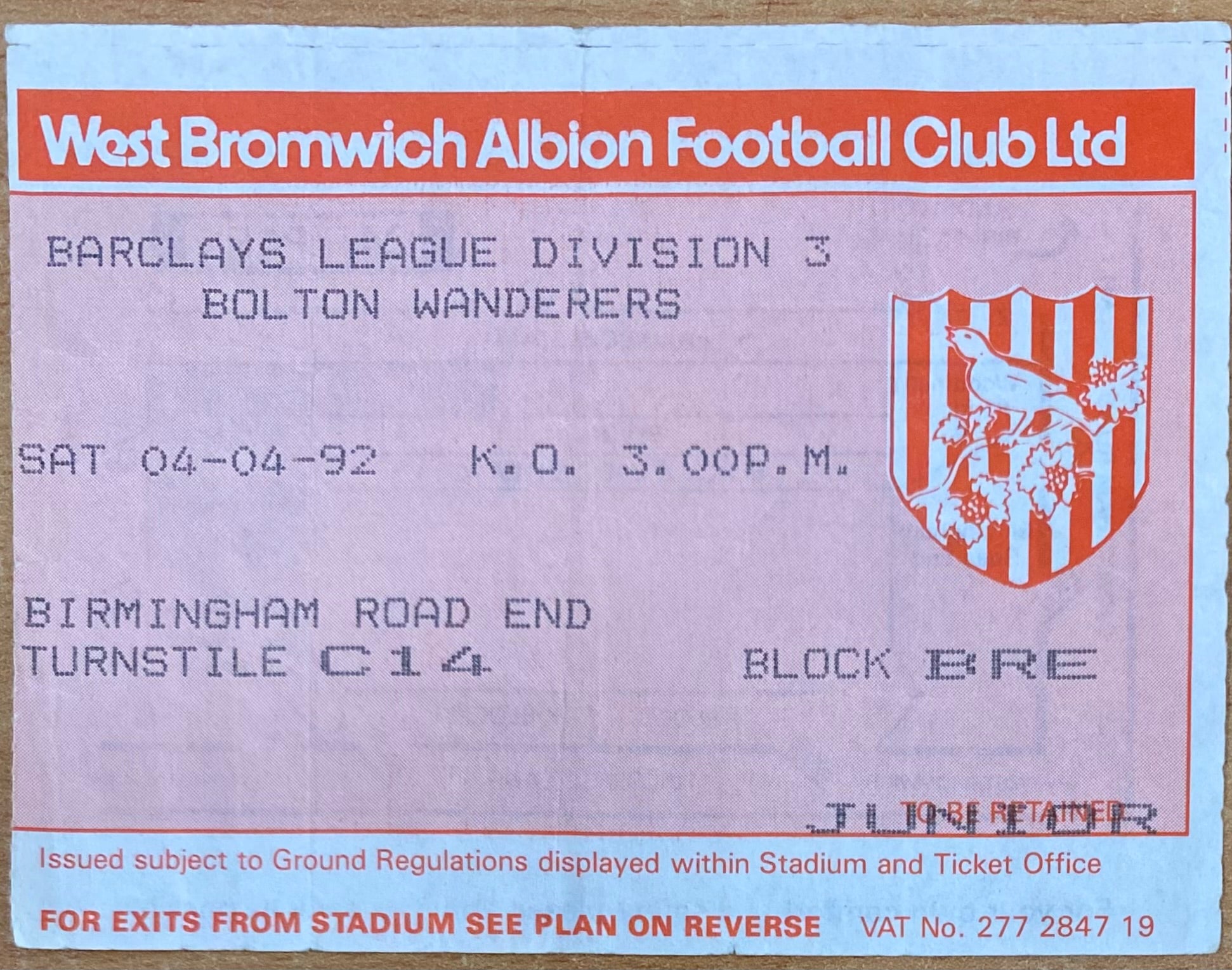 1991/92 ORIGINAL DIVISION 3 TICKET WEST BROMWICH ALBION V BOLTON WANERERS
