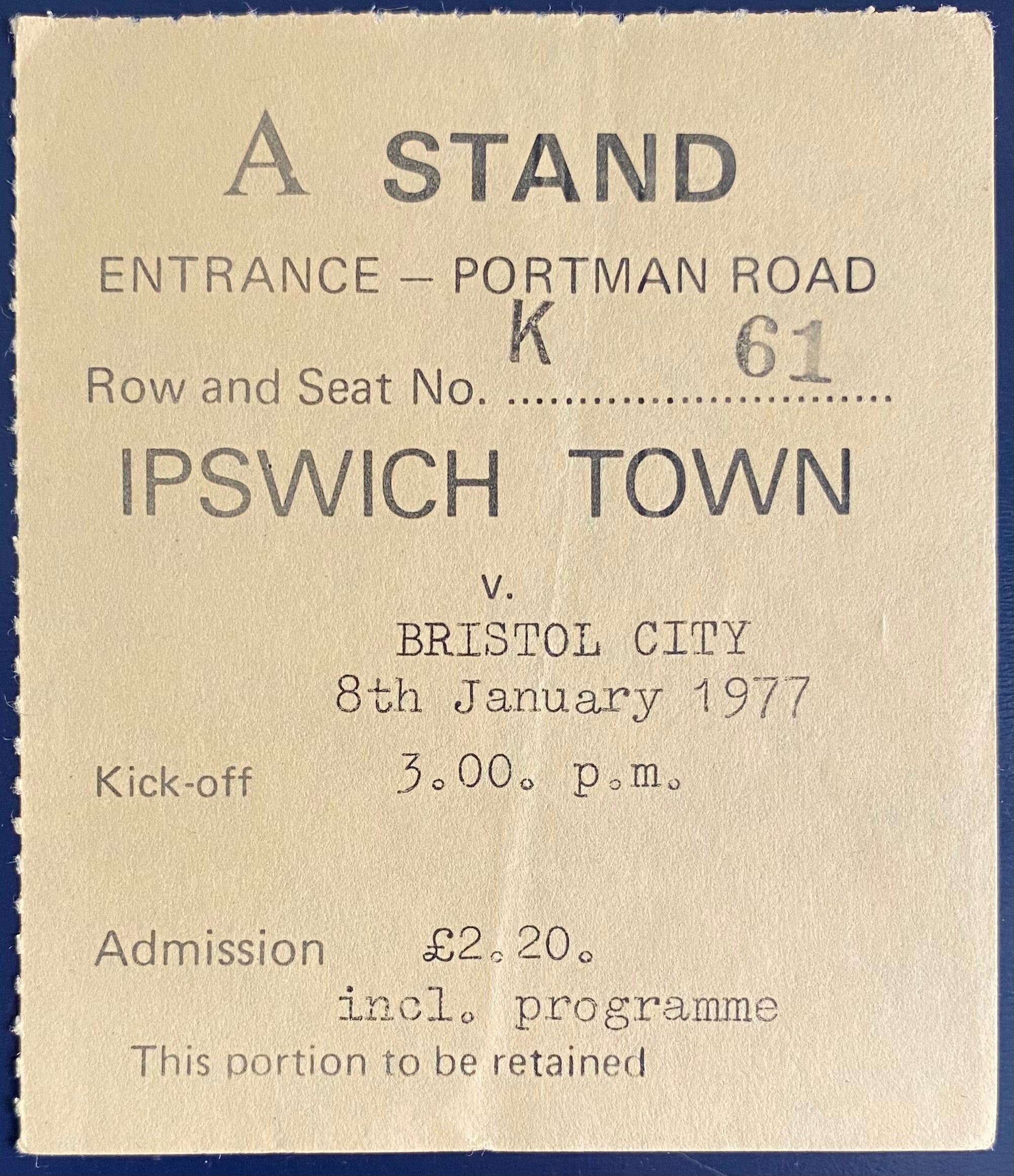 1976/77 ORIGINAL FA CUP 3RD ROUND TICKET IPSWICH TOWN V BRISTOL CITY