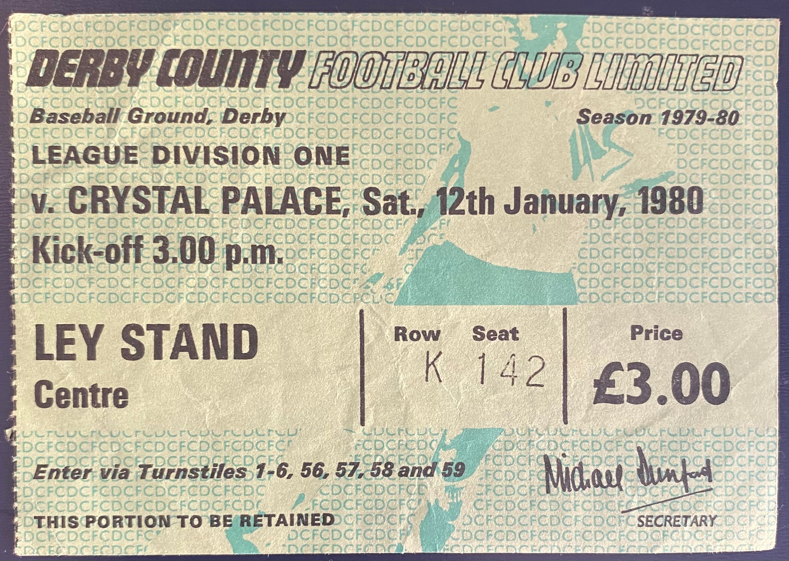 1979/80 ORIGINAL DIVISION 1 TICKET DERBY COUNTY V CRYSTAL PALACE