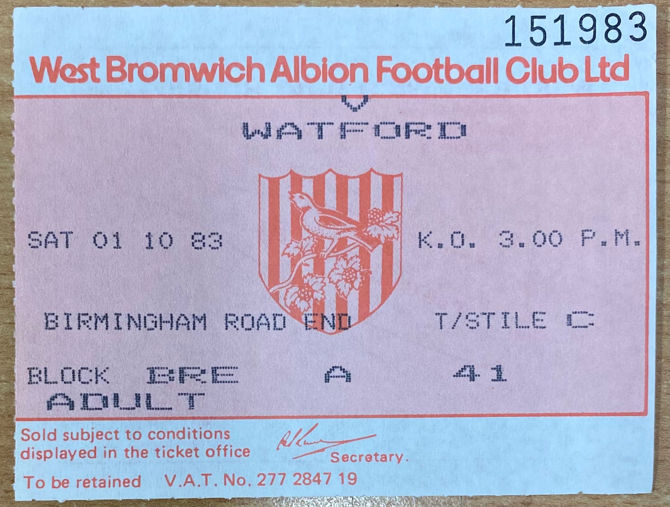 1983/84 ORIGINAL DIVISION 1 TICKET WEST BROMWICH ALBION V WATFORD