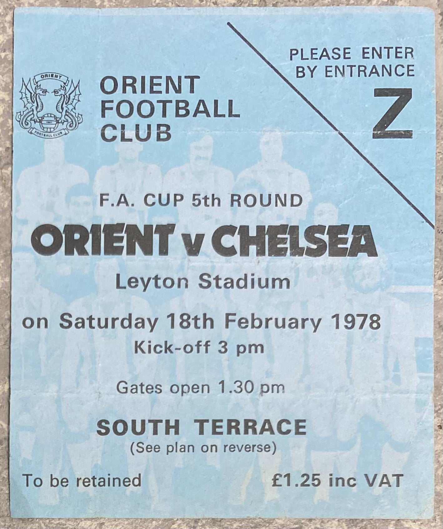 1977/78 ORIGINAL FA CUP 5TH ROUND TICKET ORIENT V CHELSEA