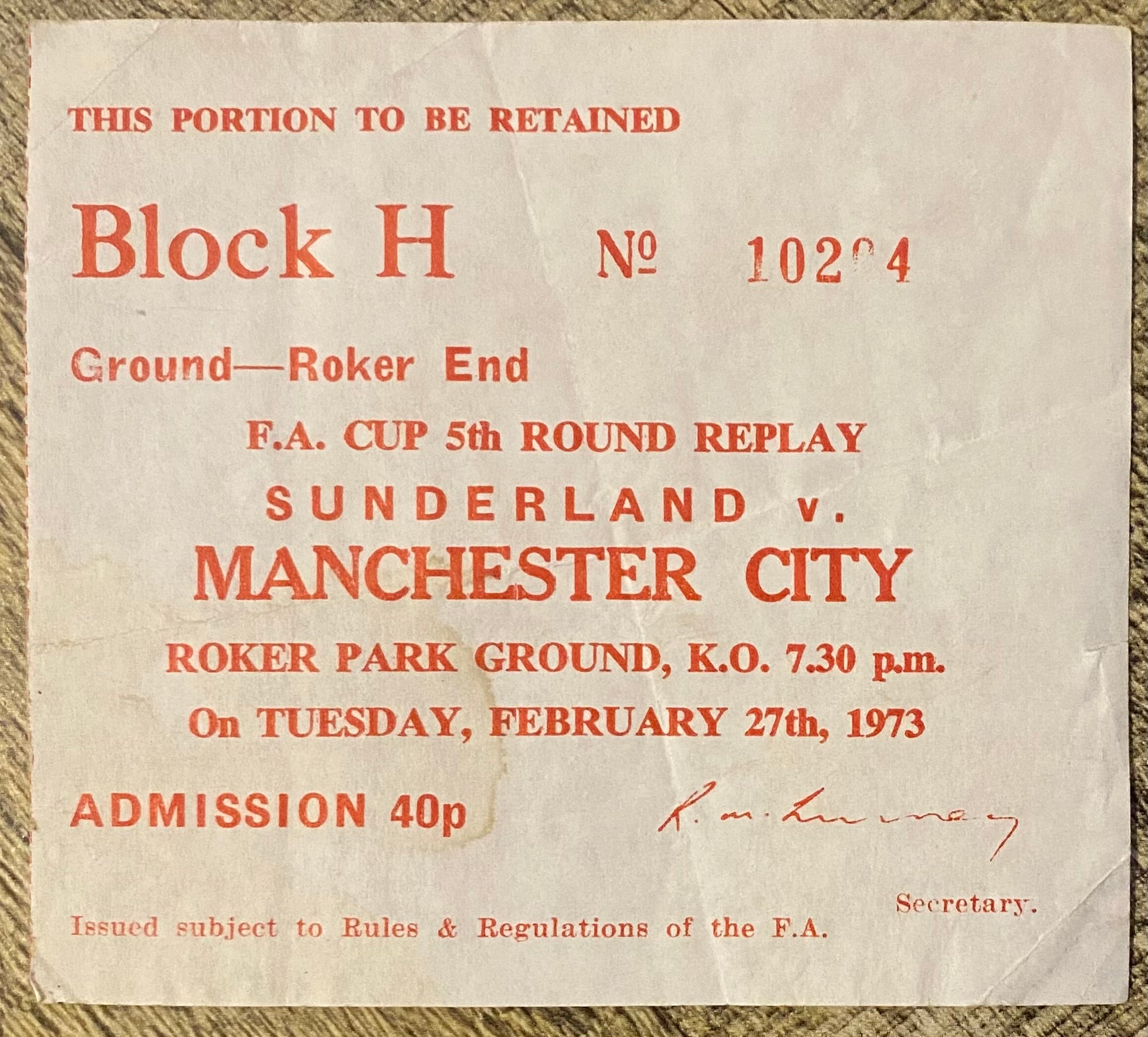 1972/73 ORIGINAL FA CUP 5TH ROUND REPLAY TICKET SUNDERLAND V MANCHESTER CITY