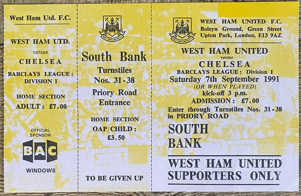 1991/92 ORIGINAL DIVISION 1  UNUSED TICKET WEST HAM UNITED V CHELSEA